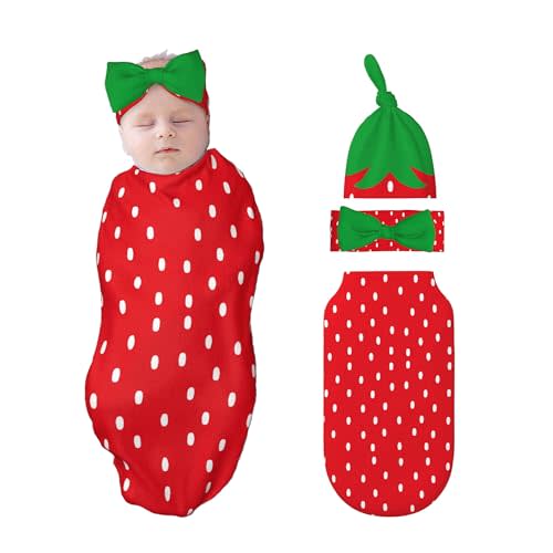 Figtihw Strawberry Swaddle Blankets Newborn Receiving Blanket Baby Swaddle Wrap with Headband Hat Set for Baby Girls Boys