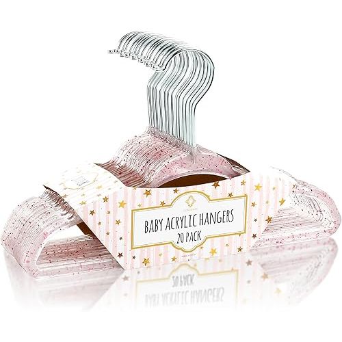Concepts 20 Pack Premium Heavy Duty Glitter Acrylic Baby Hangers, Elegant for Baby Nursery Space-Saving Non-Slip Clothes Hanger with Chrome Hook (Light Pink, Baby)