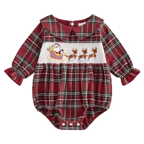 FYBITBO Newborn Baby Girl Christmas Romper Santa Claus Embroidery Plaid Bubble Romper Puff Long Sleeve Smocked Xmas Outfit