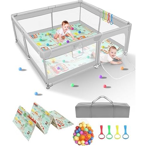 KFM Baby Playpen with Mat, 79" x 71" Large Playpen for Babies and Toddlers, BPA-Free, Non-Toxic Baby Play Yard, Safe No Gaps Toddler Play Pen with Outside Zipper Door and Anti-Slip Suction Cups (Grey)