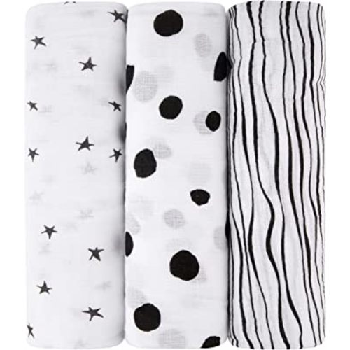 Ely's & Co. Muslin Swaddle Blanket 100% Soft Muslin Cotton 3 Pack 47"x 47" (Black & White)