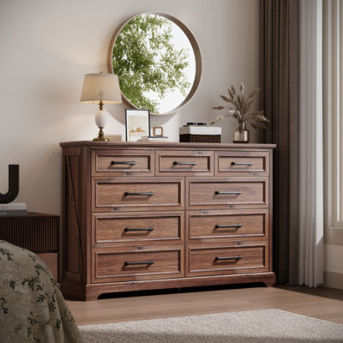 Latitude Run® Farmhouse 9 Drawer Dresser, 36" Tall Rustic Wood Chest Of Drawers With Large Drawers & Bar Handles | Wayfair
