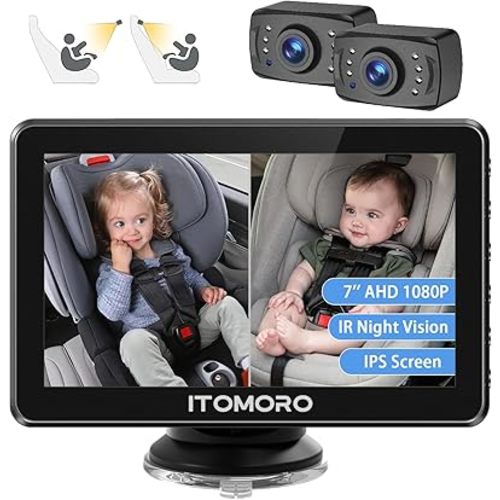 Itomoro Baby Car Camera, Dual Camera 7'' HD 1080P Car Camera for Baby Display with 2 IR Night Vision Camera, Car Baby Camera with 150° Wide View & 360° Rotatable, Easily Install 5 Min Baby Car Mirror