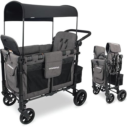 WONDERFOLD W2 Elite Stroller Wagon (2 Seater) - Collapsible Wagon Stroller with Seats with 5-Point Harnesses, Adjustable Push Handle, and Adjustable Sun Canopy, Elite Gray