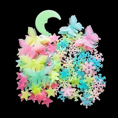 Kiddale 307 Pcs Glow in Dark Stars,Moon,Snowflake and Butterfly- Bright Multicolor Wall Stickers for Ceiling Decals-Bedroom Living Room Decor Kit for Kids Boys Girls