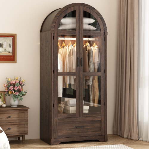 71"H Arched Armoire Wardrobe Closet for Bedroom w/ Glass Door & LED Sensor Light, Wooden Wardrobe Closet Clothing Storage Cabinet w/1 Drawer & Hanging Rod