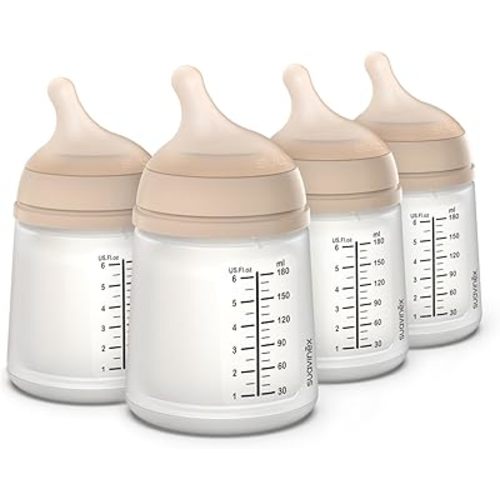 Suavinex Zero Zero Anti Colic Baby Bottle, No 1 Spanish Baby Bottle Brand, Minimizes Bottle Rejection & Nipple Confusion, Perfect for Breastfeeding Babies, Adaptable Flow, 4 Pk 6 oz, Light