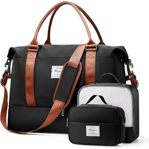 Weekender Bags for Women, Travel Duffel Bags with Shoe Compartment & Wet Pocket,Travel Bag for Airlines,Carry on Overnight Tote Bag for women with Toiletry Bag,3Pcs Set，Black & Brown