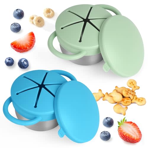 Daximo 2 Pack Snack Cups for Toddlers Spill Proof - Detachable Stainless Steel Toddler Snack Cups with Silicone Lids & Handles - Dishwasher Safe Snack Container (Niagara Blue and Sage Green)