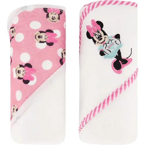 Disney Cudlie Baby Girl Minnie Mouse 2 Pack Rolled/Carded Hooded Towels in Happy Dots Print