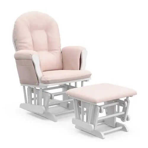 Storkcraft Premium Hoop Glider & Ottoman (White/Pink) — GREENGUARD Gold Certified Nursery Glider, Solid Wood Craftsmanship, Smooth-Gliding Nursery Chair and Ottoman, Award-Winning