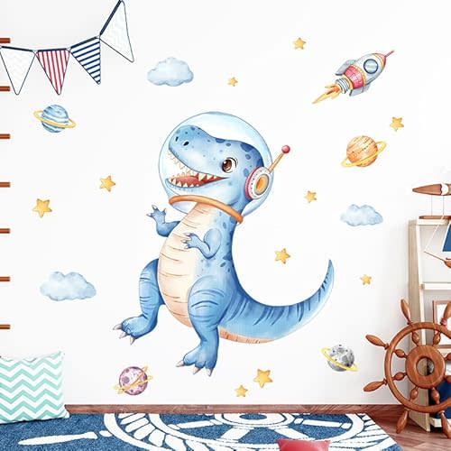 Tanlaby Large Blue Dinosaur Wall Stickers Space Dino Astronaut Wall Decals Peel and Stick Rocket Planets Clouds Art Decor for Baby Nursery Boys Girls Kids Toddler Bedroom Playroom Classroom