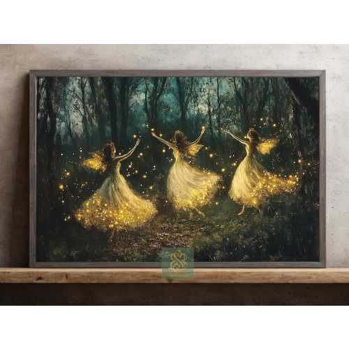 Enchanted Forest Fairy Dance Canvas Print, Magical Woodland Spirits Poster, Mystical Glow Wall Art