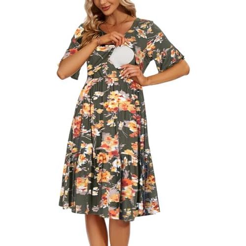 Smallshow Women's Maternity Nursing Dress Ruffle Short Sleeve Breastfeeding Clothes