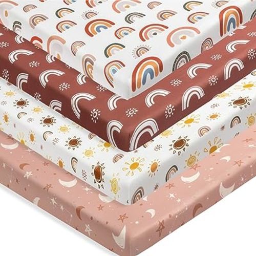 Jola's House 4 Pack N Play Sheets - Mini Crib Sheets Boho Nursery Sheets, Sunshine & Rainbow Design - Neutral Unisex Fitted Baby Crib Sheets for Baby Boys or Girls