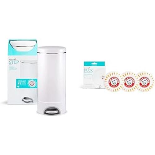 Munchkin® Step™ Diaper Pail Powered by Arm & Hammer, 1 in Odor Control, Award-Winning, Includes 1 Snap, Seal & Toss™ Bag, 1 Starter Refill Ring, and 4 Puck™ Baking Soda Cartridges