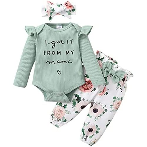 DISAUR Baby Girls Clothes Newborn Infant Baby Girls Outfit Long Sleeve Ruffle Romper Floral Pants Headband Sets 0-18 Months