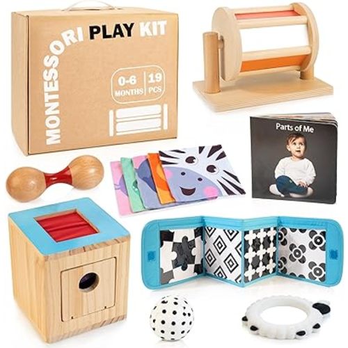 Montessori Toys for Babies 0-6 Months, 9 in 1 Learning Educational Sensory Toys for Newborn 0-3-6 Months, Includes High Contrast Cards, Baby Tissue Box Toy, Spinning Drum, Teether and More
