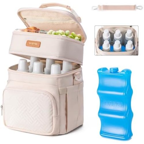 Insulated Breastmilk Cooler Bag with Ice Pack - Holds 6x9oz Bottles, Leakproof Double Layer, Adjustable Strap for Nursing Moms, Daycare & Travel,Pearl White