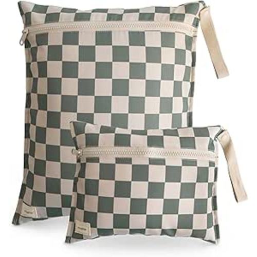 mushie Water Resistant Wet Bags | Large & Small Reusable Storage Bag for Baby Items and Travel | Zippered Pockets with Handle | Machine Washable, Set of 2 (Olive Check)