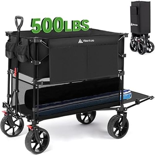 Hikenture Double Decker Wagon, 400L Extra Large Beach Wagon with Big Wheels for Sand, 500LBS Heavy Duty Collapsible Wagon with Tailgate, Utility Wagons Carts Foldable for Beach, Sports