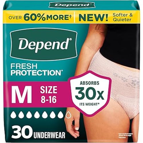Depend Fresh Protection Adult Diapers, Incontinence Underwear for Women, Disposable, Maximum, Medium, Blush, 30 Count, Packaging May Vary