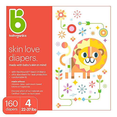 Baby Diapers, Size 4 (22-37 lbs) 160 Count- Babyganics Ultra Absorbent, Unscented, Made without Chlorine, Latex