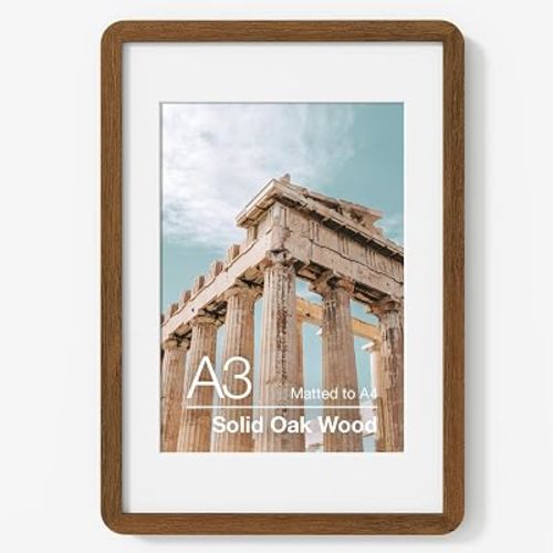 FLYJOE A3 Picture Frame | Solid Oak Wood Picture Frame | Poster Frame With Mat For A4 | Tempered Glass And Hanging Hardware Included | A3 Photo Frame (Walnut, 1 Pack)