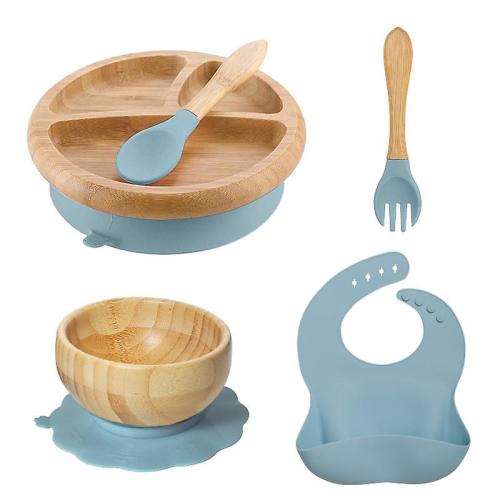 Tiny Dining Children's Bamboo Tableware Set - Plate Bowl Spoon With Stay Put Suction - Blue