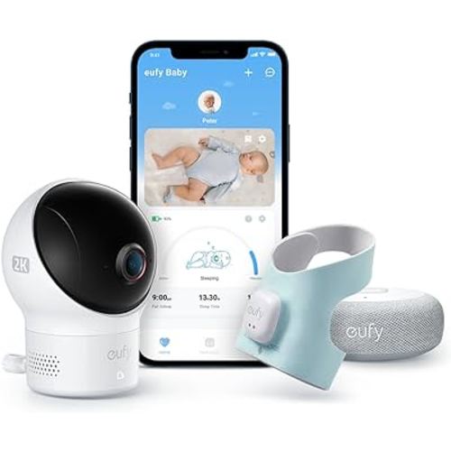 eufy Baby Smart Sock Baby Monitor with 2.4 GHz Wi-Fi, Track Sleep Patterns, Naps, Heart Rate, and Blood Oxygen Levels, 2K Camera, AI Cry Detection, Pan and Tilt, No Monthly Fee