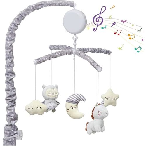 Baby Crib Mobile, Nursery Mobile for Crib with Music Motor Spinner, Musical Crib Toys for Infants 0-6 Months Girls and Boys, Crib Mount Mobiles with 36 lullabies, Gray