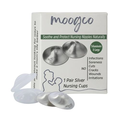 Moogco The Original Silver Nursing Cups - Nipple Shields for Breastfeeding Newborn - Breastfeeding Essentials - Nipple Covers Breastfeeding - 999k Silver - Tri-Laminate Silver X-Large Size