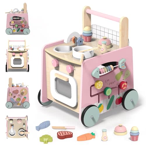 Gigglegems Wooden Baby Walker 4-in-1 with Push Walker Toys, Play Kitchen Accessories, Toddlers Montessori Sensory Toys, Walking Toys for Baby Girls Boys Learning to Walk