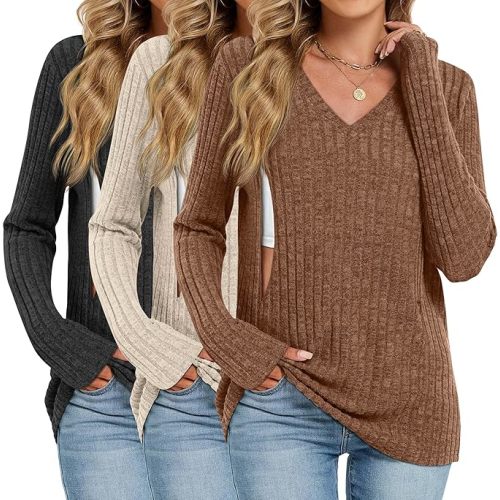 Oakgarden 3 Pack Women's Maternity Nursing Tops, V Neck Breastfeeding Sweaters Long Sleeve Hidden Zipper Shirts