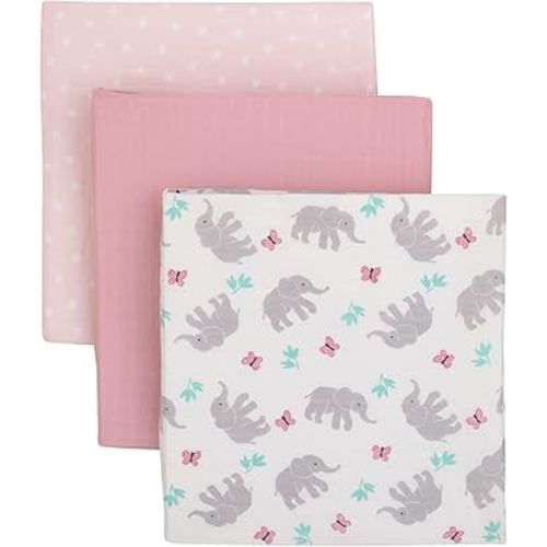 Carter's Floral Elephant Pink and White Butterfly and Polka Dot 100% Cotton 44" x 44" 3 Pack Muslin Swaddle Blanket