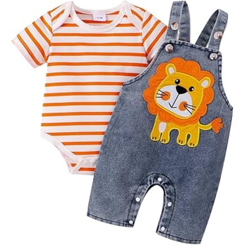 Baby Boy Clothes Newborn Striped Romper Summer Outfits + Infant Cartoon Animals Jeans Suspender Overalls 0-18 Months