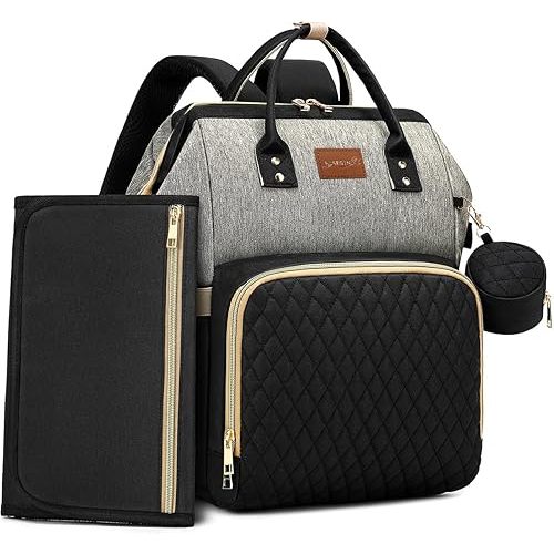 Diaper Bag Backpack with Changing Pad, Pacifier Case, Baby Bag for Boy Girl Toddler - Large, Stylish, Waterproof Travel Quilted Diaper Bag for Mom - Baby Shower - Black Grey