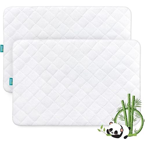 Waterproof Pack and Play Mattress Pad Cover, Pack and Play Mattress Protector Sheets Fitted, 2 Pack, Viscose Made from Bamboo Terry Surface, Ultra Soft and Skin-Friendly, Washer & Dryer, White
