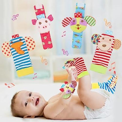 Soft Baby Rattle Toys Foot Finder Socks Wrists Rattles, Ankle Leg Hand Arm Bracelet Activity Rattle, Present Gift for Newborn Infant Babies Boy Girl Bebe 4pcs