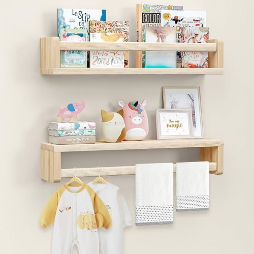 Nursery Floating Shelves, Wood Nursery Book Shelves for Wall, 16 inch Wall Bookshelf for Kids Solid Wood Wall Mounted Shelves for Books,Toys and Decor Storage, Set of 2
