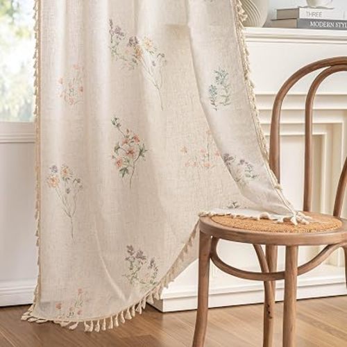 MYSKY HOME Floral Boho Farmhouse Curtains 84 Inches Long Linen Blend Spring Light Filtering Living/Dining Room Bohemian Window Treatments with Tassel Back Tab, 50" Wide Each Panel, 2 Panels, Pink