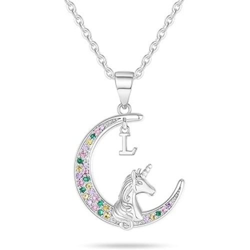 Stocking Stuffers for Teen Girls Kids - Colorful CZ Moon Pendant Initial Unicorn Necklaces for Girl Jewelry Birthday Gift Christmas Gifts for Grandkids Girls Kids
