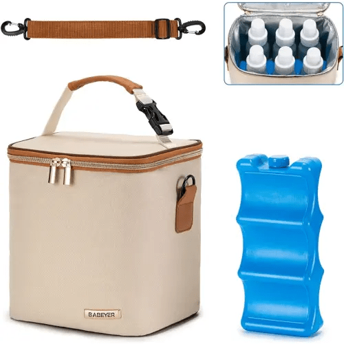 BABEYER Breastmilk Cooler Bag with Ice Pack Fits 6 Baby Bottles Up to 9 Ounce, Baby Bottle Bag with Shoulder Strap for Nursing Mom Daycare, Cream