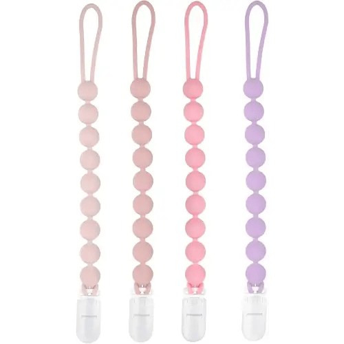 Silicone Pacifier Clip Holder, 4 Pack One Piece Soft Flexible Binky Clips Pacifier Holder Clip for Girls, baby girl newborn essentials, Teething Relief