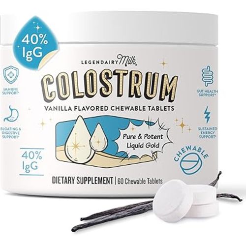 Legendairy Milk Colostrum Supplement - Premium Bovine Colostrum for Humans - IgG Immunoglobulin for Immune Support & Gut Health - Energy & Muscle Recovery - Vanilla Chewable Tablets, 30 Servings