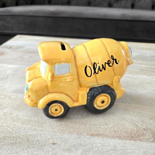 Personalized Cement Truck piggy bank, Ceramic Construction Truck money box gift for Boy, Birthday gift, Kid room decor
