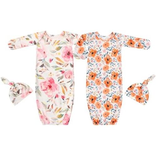 Newborn Baby Sleeper Gown with Hat Knotted Gown Nightgown Coming Home Outfits for Baby Girl 2 Pieces Set