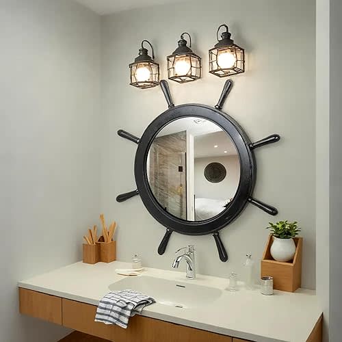 Nagina International 36" Large Matte Black Vintage Ship's Wheel Mirror | Nautical Pirate Home & Wall Decor [B01ESWPZ28]