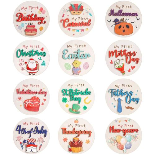 My First Holiday Milestone Signs, 12PCS Baby Holiday Milestone Double-Deck Cards, Wooden Discs Announcement Sign Newborn Photo Props for Baby Shower Party Supplies Gift