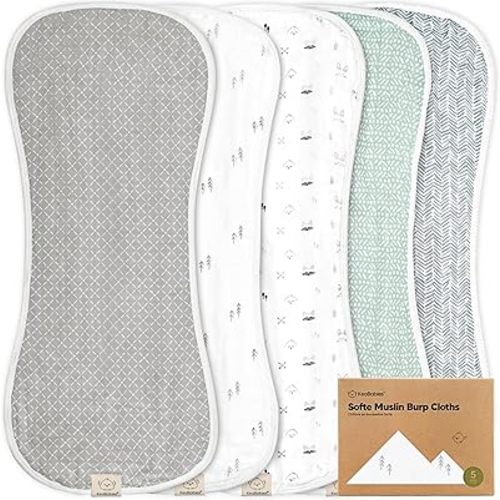 5-Pack Muslin Burp Cloths Baby Boy, Girl - Very Absorbent Baby Burp Cloth Rags, 8-Layers Viscose Derived from Bamboo Cotton Muslin Towel, Super Soft Spit Up Rags, No Shrink Washcloths (Nordic)